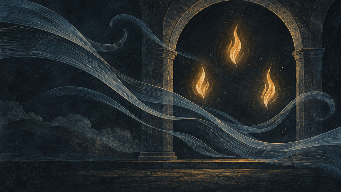 Flowing blue lines pass across an arch with three gold flame shapes on a dark navy background.