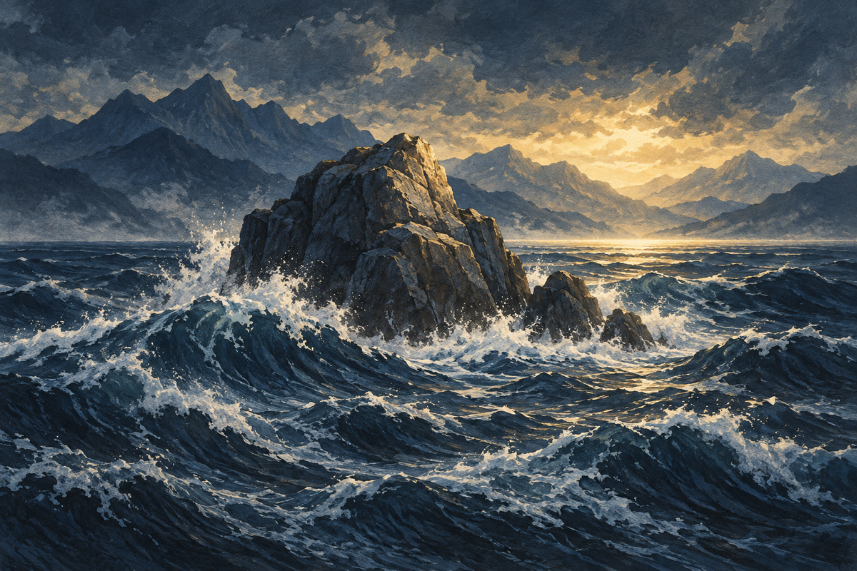 A sunlit rock amid dark rolling waves, with mountains and a golden opening in the clouds behind it.