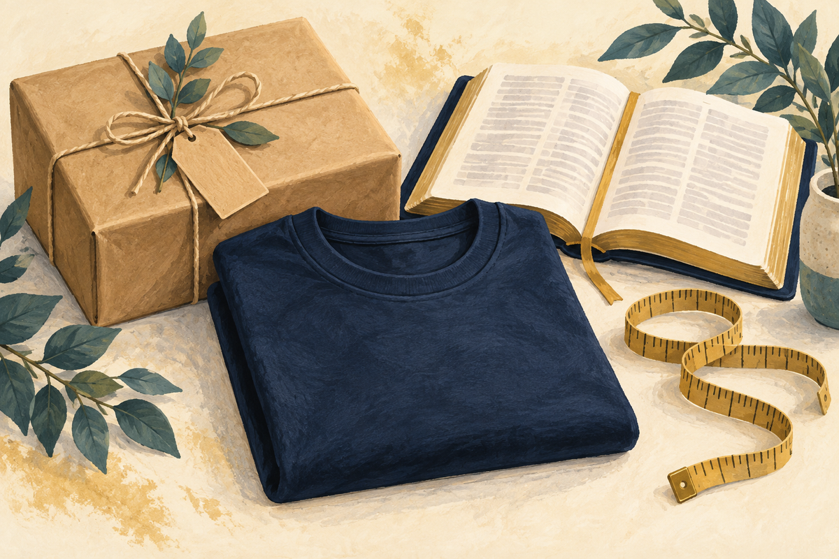 A wrapped kraft-paper gift beside a plain folded navy T-shirt, an open Bible and a measuring tape, in a warm illustrated still life.