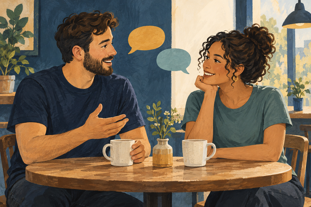 Two friends in plain casual shirts sharing a friendly conversation over coffee, with unlettered speech bubbles.