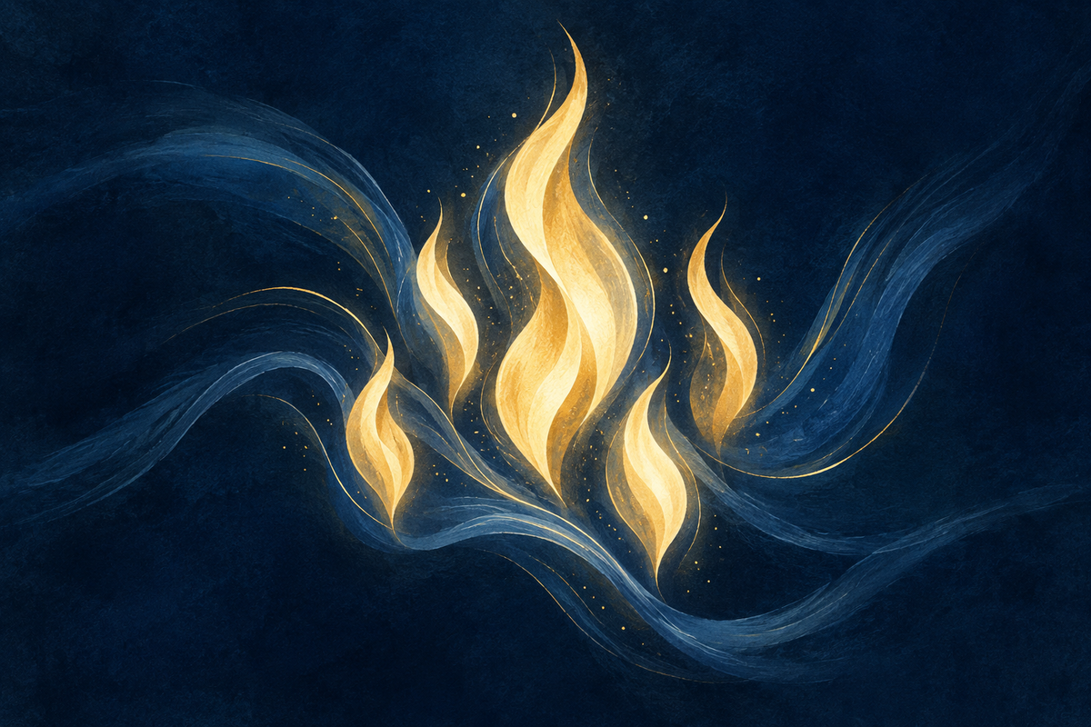 Symbolic gold flame-like forms moving through soft blue currents on a deep navy background.