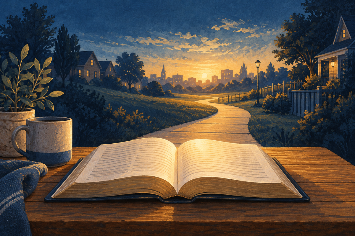 An open Bible on a wooden table beside a sunlit path leading through a quiet neighborhood.